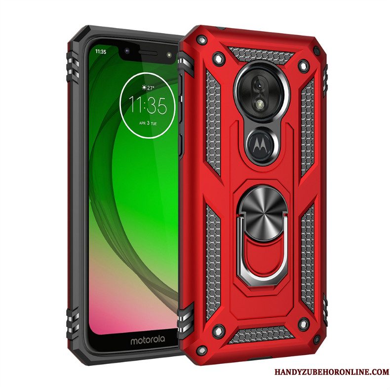 Hoesje Moto G7 Power Zakken Auto Magnetisch, Hoes Moto G7 Power Bescherming Rood Drie Verdedigingen