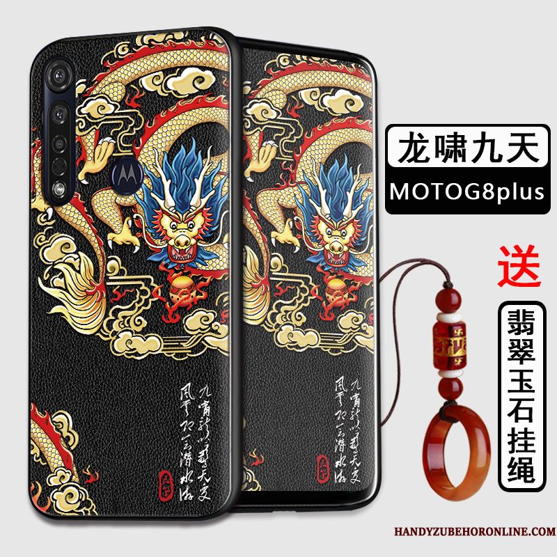 Hoesje Moto G8 Plus Zacht Telefoon Anti-fall, Hoes Moto G8 Plus Siliconen Chinese Stijl Zwart