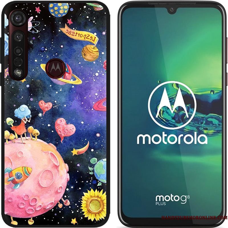 Hoesje Moto G8 Plus Zacht Zwarttelefoon, Hoes Moto G8 Plus Spotprent Pu Schrobben