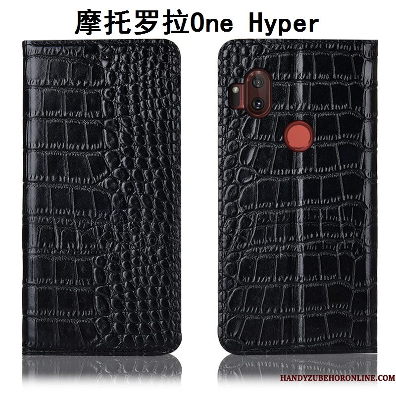 Hoesje Motorola One Hyper Leer Anti-falltelefoon, Hoes Motorola One Hyper Folio Bruin Krokodil
