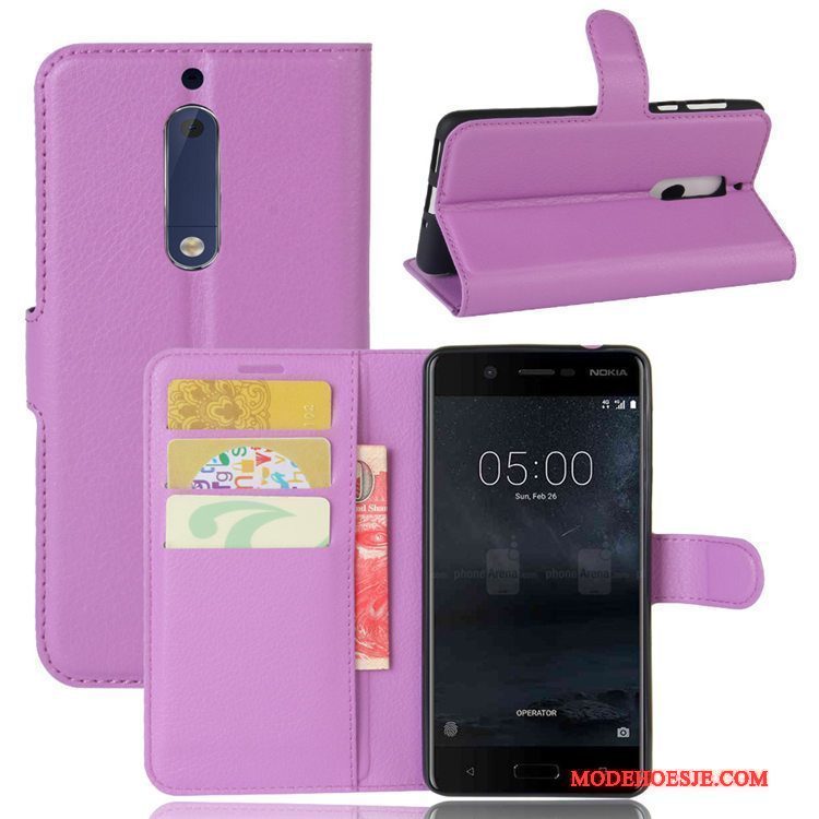 Hoesje Nokia 5 Bescherming Patroon Kaart, Hoes Nokia 5 Leer Telefoon Purper