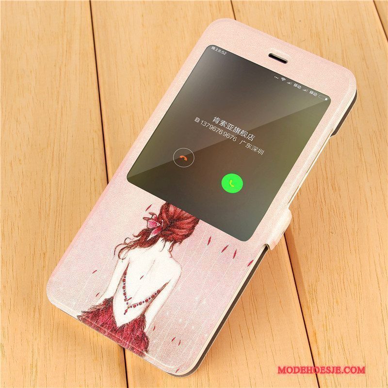 Hoesje Redmi Note 4x Leer Rood Roze, Hoes Redmi Note 4x Spotprent Telefoon Persoonlijk