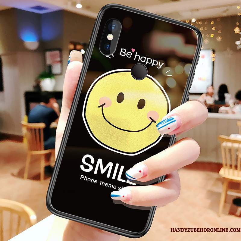 Hoesje Redmi Note 6 Pro Zwart Smiley, Hoes Redmi Note 6 Pro Gehard Glas Rood