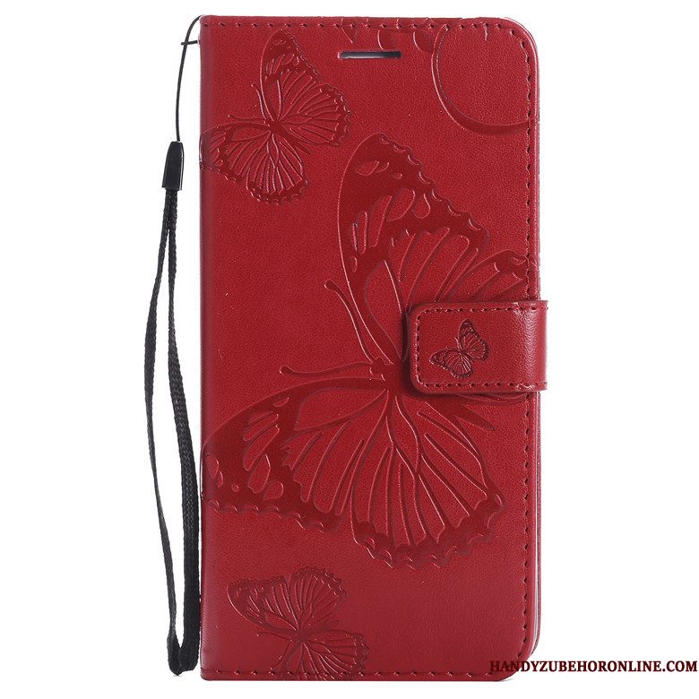 Hoesje Redmi Note 7 Bescherming Donkerblauw Vlinder Bloemen, Hoes Redmi Note 7 Zacht Mini Rood