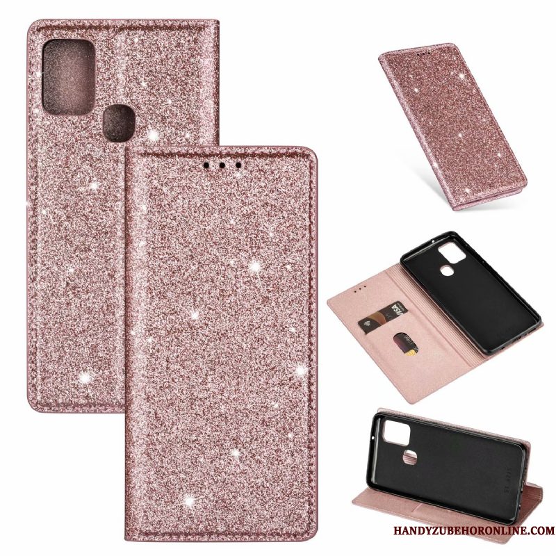 Hoesje Samsung Galaxy A21s Leer Roze Klittenband, Hoes Samsung Galaxy A21s Folio Telefoon Zwart