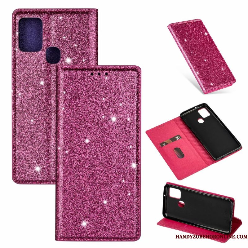 Hoesje Samsung Galaxy A21s Leer Roze Klittenband, Hoes Samsung Galaxy A21s Folio Telefoon Zwart