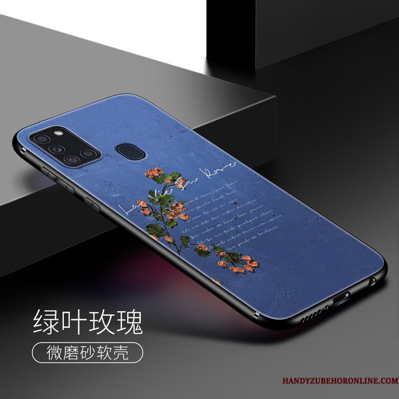Hoesje Samsung Galaxy A21s Zacht Bloemen Schrobben, Hoes Samsung Galaxy A21s Siliconen Blauw Olieverfschilderij
