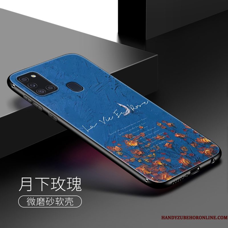 Hoesje Samsung Galaxy A21s Zacht Bloemen Schrobben, Hoes Samsung Galaxy A21s Siliconen Blauw Olieverfschilderij