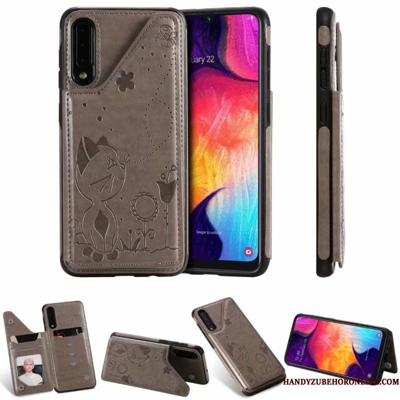 Hoesje Samsung Galaxy A30s Zakken Anti-fall Kat, Hoes Samsung Galaxy A30s Leer Grijstelefoon