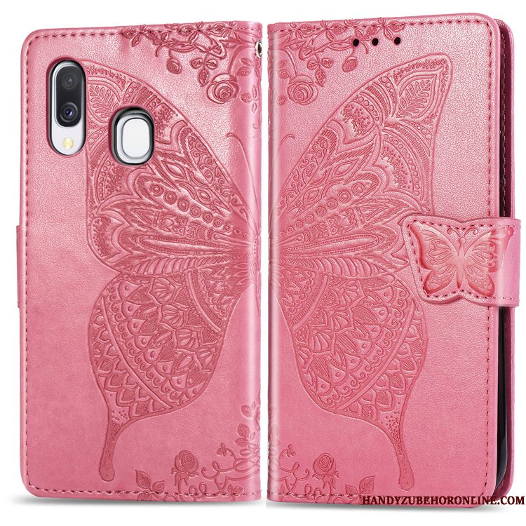 Hoesje Samsung Galaxy A40 Bescherming Telefoon Bloemen, Hoes Samsung Galaxy A40 Folio Purper Hanger