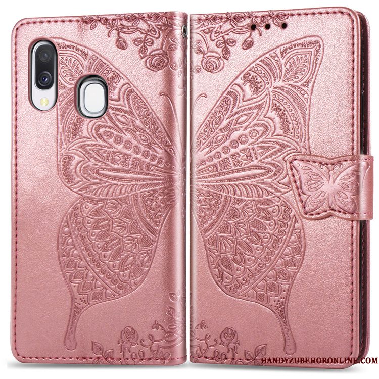 Hoesje Samsung Galaxy A40 Bescherming Telefoon Bloemen, Hoes Samsung Galaxy A40 Folio Purper Hanger