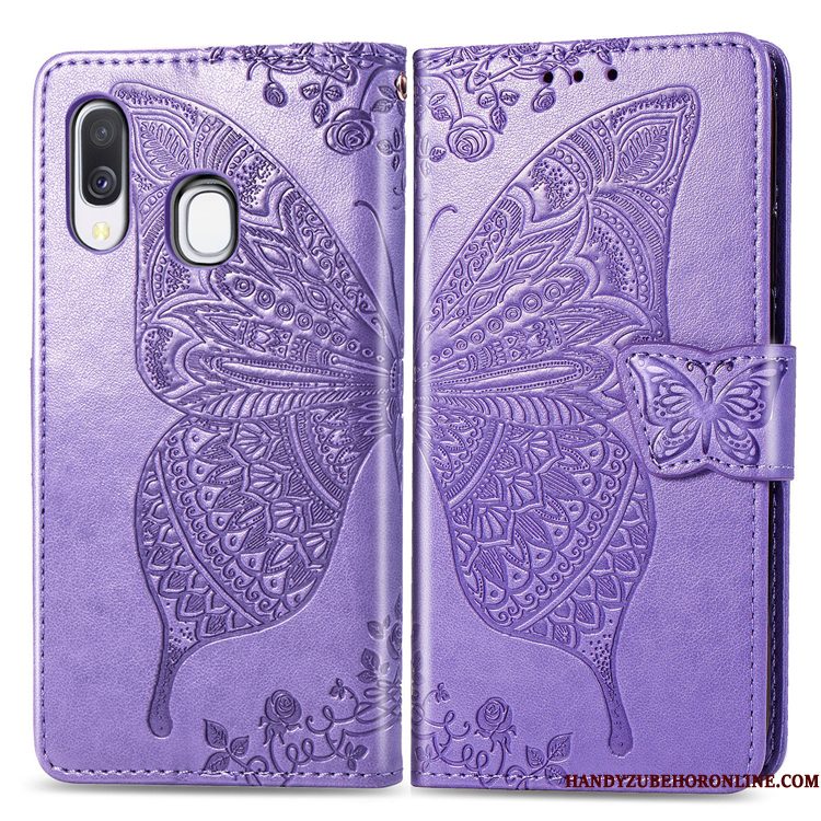 Hoesje Samsung Galaxy A40 Bescherming Telefoon Bloemen, Hoes Samsung Galaxy A40 Folio Purper Hanger