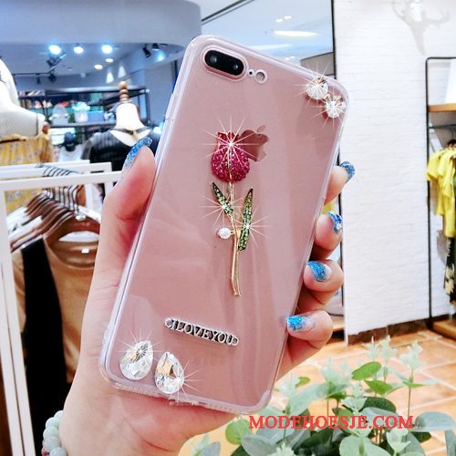 Hoesje Samsung Galaxy A5 2016 Strass Zwart Bloemen, Hoes Samsung Galaxy A5 2016 Bescherming Roze Doorzichtig