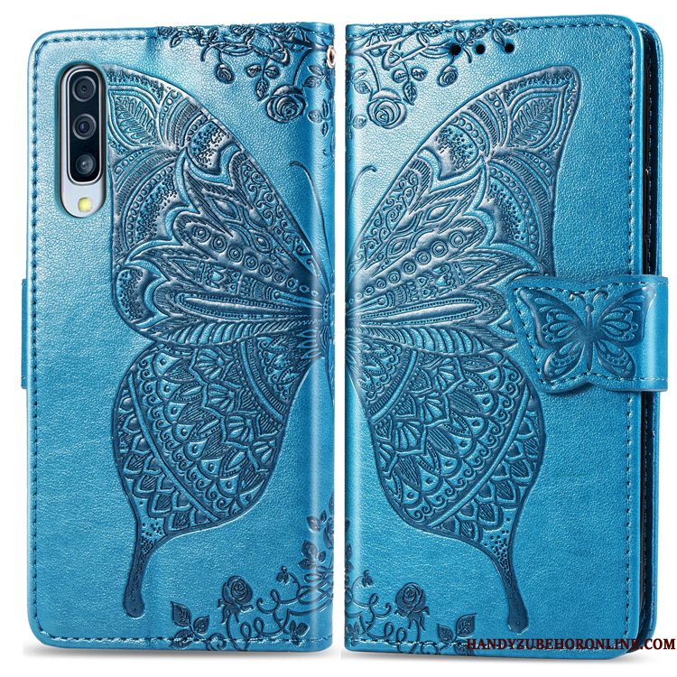 Hoesje Samsung Galaxy A50 Leer Bloementelefoon, Hoes Samsung Galaxy A50 Bescherming Anti-fall Blauw