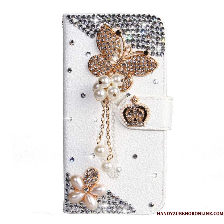 Hoesje Samsung Galaxy A50s Strass Vlinder Bloemen Wit, Hoes Samsung Galaxy A50s Bescherming Telefoon