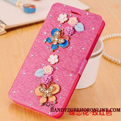 Hoesje Samsung Galaxy A6+ Folio Vlinder Bloementelefoon, Hoes Samsung Galaxy A6+ Strass Roze