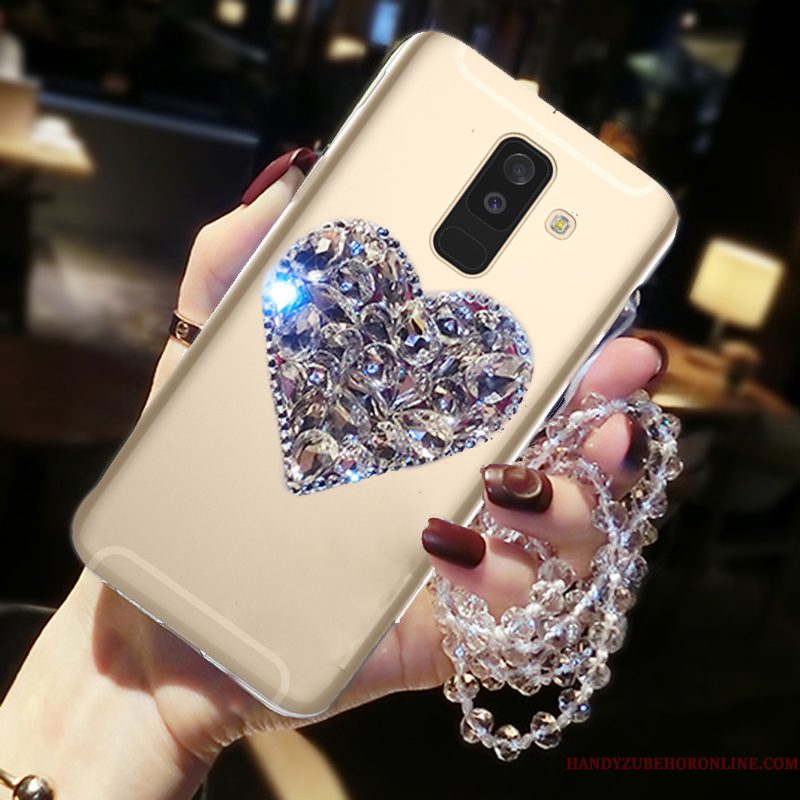 Hoesje Samsung Galaxy A6+ Strass Telefoon Liefde, Hoes Samsung Galaxy A6+ Bescherming Goud Hanger