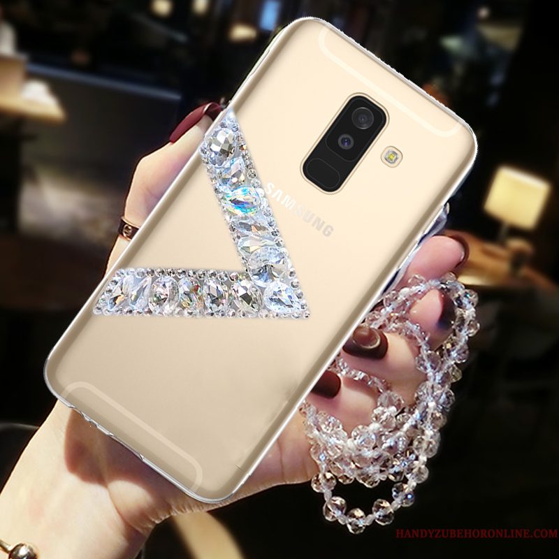 Hoesje Samsung Galaxy A6+ Strass Telefoon Liefde, Hoes Samsung Galaxy A6+ Bescherming Goud Hanger