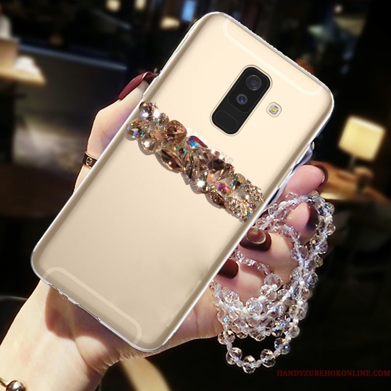 Hoesje Samsung Galaxy A6+ Strass Telefoon Liefde, Hoes Samsung Galaxy A6+ Bescherming Goud Hanger