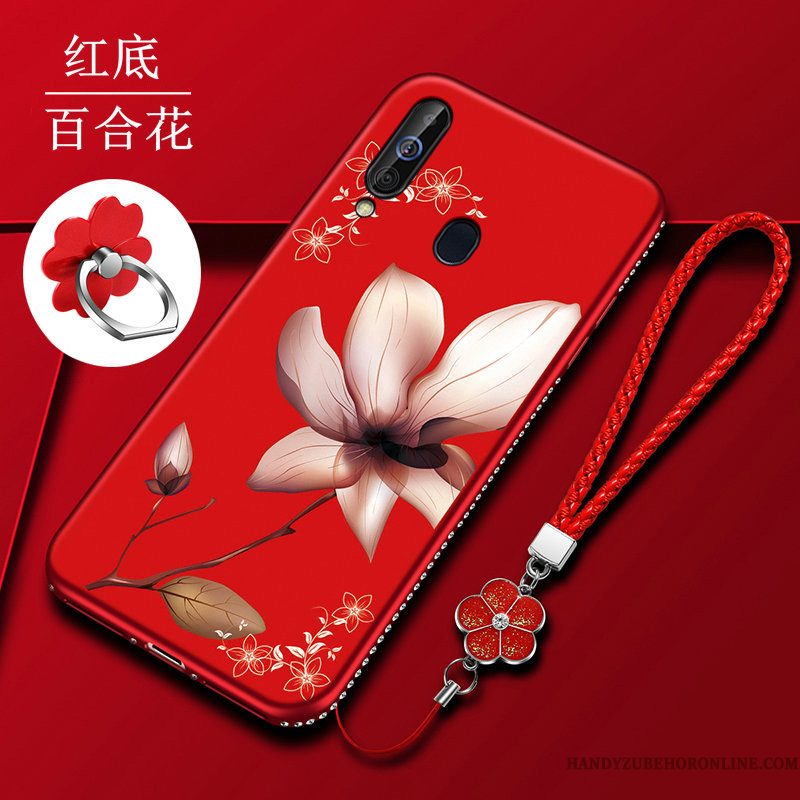 Hoesje Samsung Galaxy A60 Zacht Anti-falltelefoon, Hoes Samsung Galaxy A60 Zakken Rood Bloemen