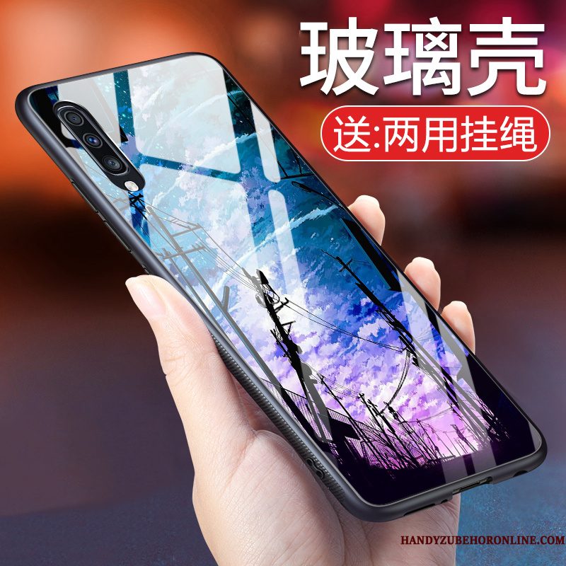 Hoesje Samsung Galaxy A70 Bescherming Telefoon Gehard Glas, Hoes Samsung Galaxy A70 Zacht Trend Blauw