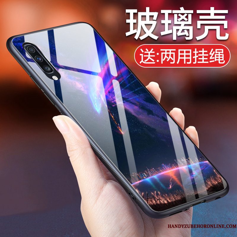 Hoesje Samsung Galaxy A70 Bescherming Telefoon Gehard Glas, Hoes Samsung Galaxy A70 Zacht Trend Blauw