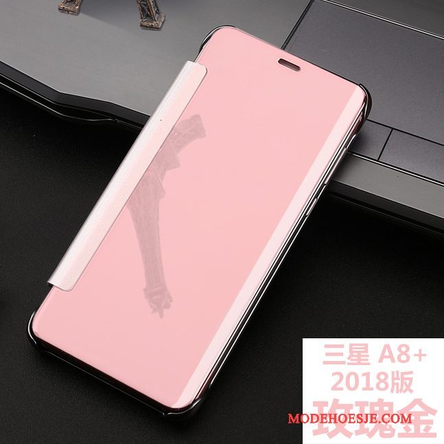 Hoesje Samsung Galaxy A8+ Bescherming Telefoon Roze, Hoes Samsung Galaxy A8+ Leer Plating Spiegel