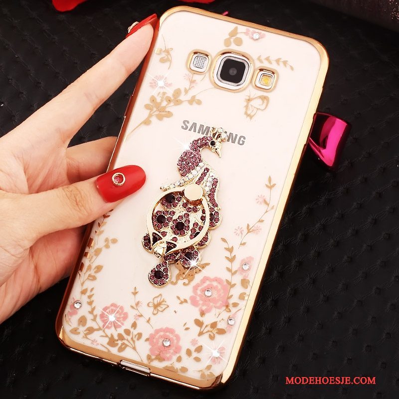 Hoesje Samsung Galaxy A8 Strass Goudtelefoon, Hoes Samsung Galaxy A8 Ring Roze