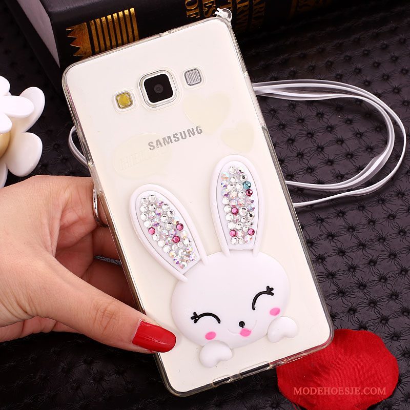 Hoesje Samsung Galaxy J7 2015 Bescherming Pompom Konijn, Hoes Samsung Galaxy J7 2015 Siliconen Telefoon Wit