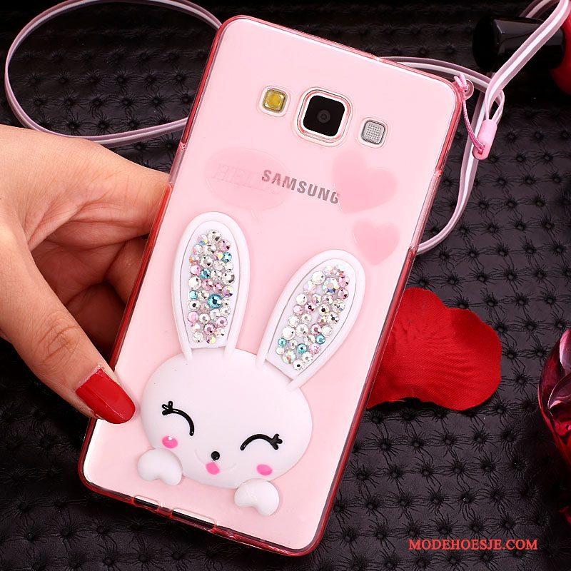 Hoesje Samsung Galaxy J7 2015 Bescherming Pompom Konijn, Hoes Samsung Galaxy J7 2015 Siliconen Telefoon Wit