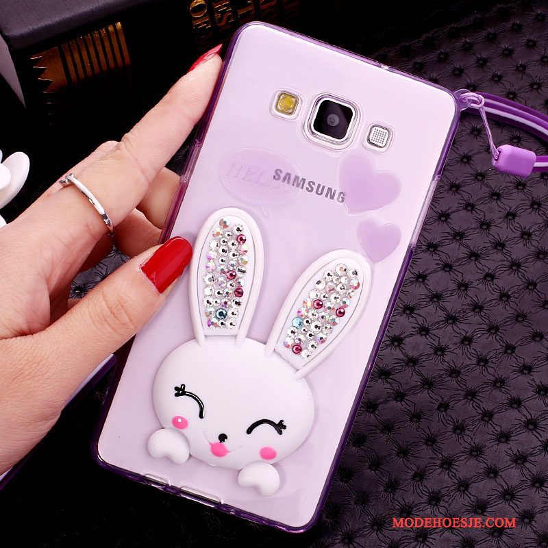 Hoesje Samsung Galaxy J7 2015 Bescherming Pompom Konijn, Hoes Samsung Galaxy J7 2015 Siliconen Telefoon Wit