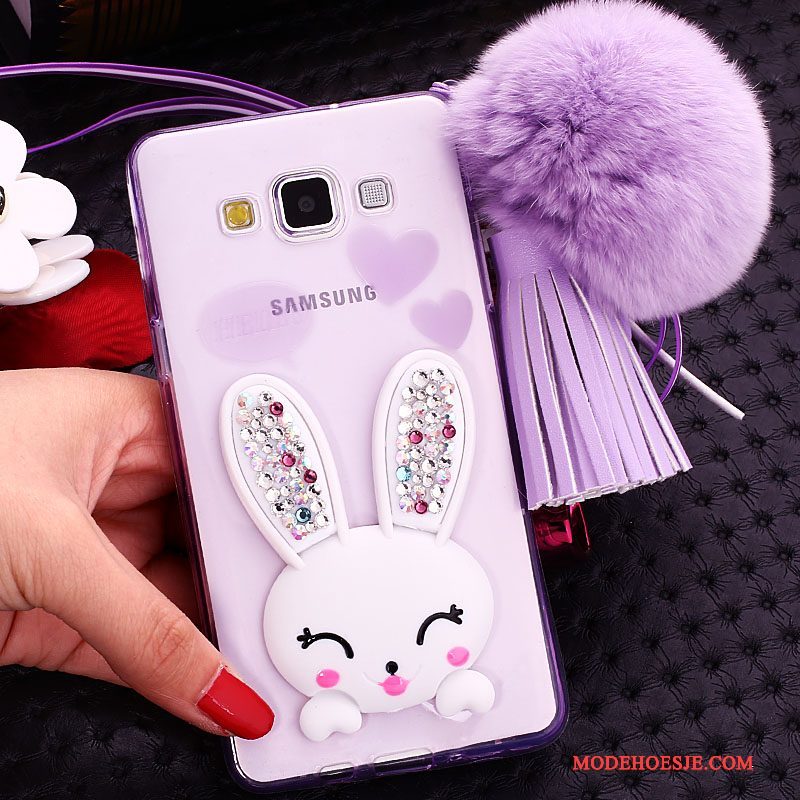 Hoesje Samsung Galaxy J7 2015 Bescherming Pompom Konijn, Hoes Samsung Galaxy J7 2015 Siliconen Telefoon Wit