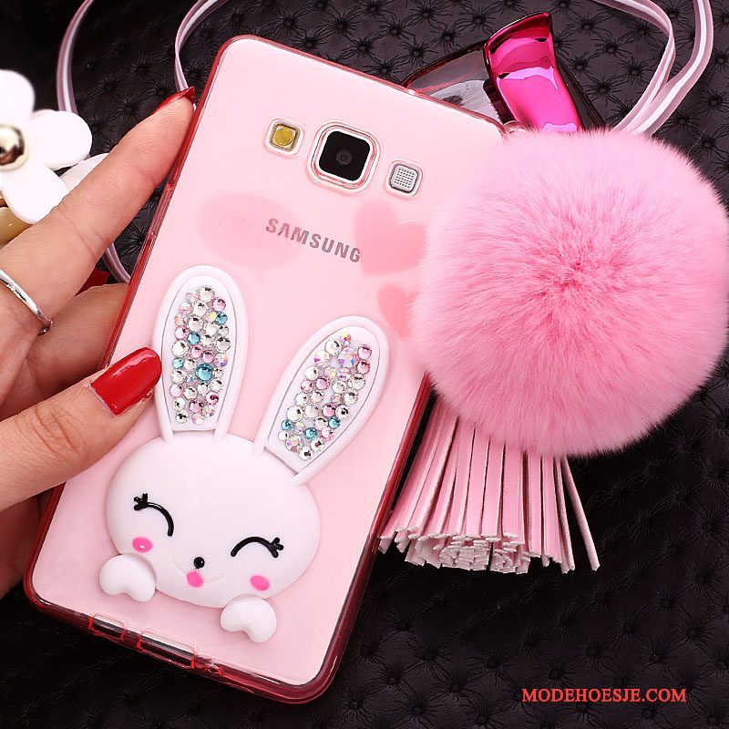 Hoesje Samsung Galaxy J7 2015 Bescherming Pompom Konijn, Hoes Samsung Galaxy J7 2015 Siliconen Telefoon Wit