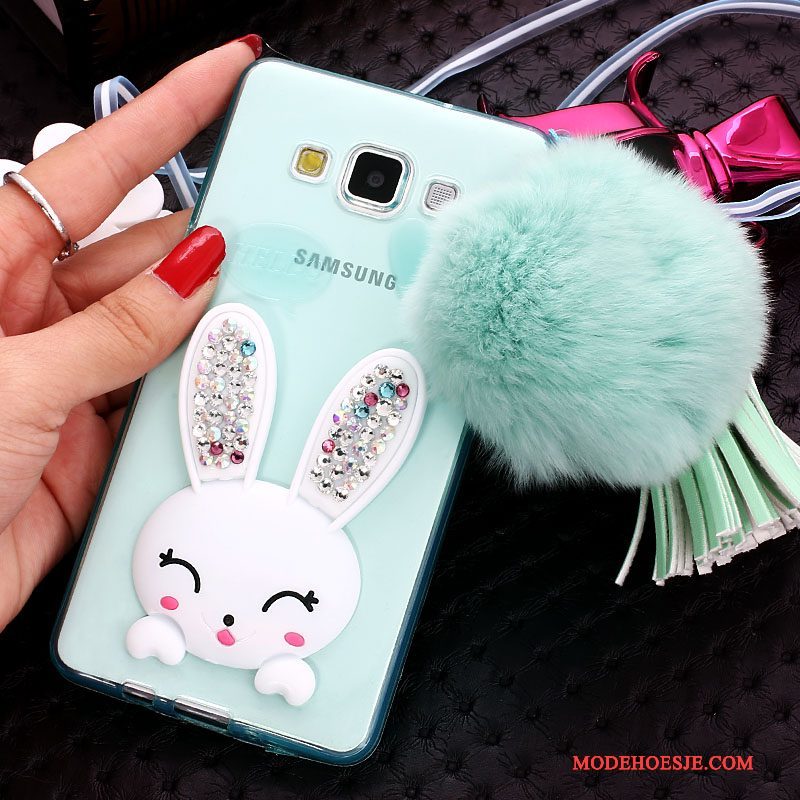 Hoesje Samsung Galaxy J7 2015 Bescherming Pompom Konijn, Hoes Samsung Galaxy J7 2015 Siliconen Telefoon Wit