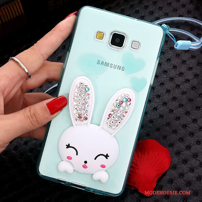 Hoesje Samsung Galaxy J7 2015 Bescherming Pompom Konijn, Hoes Samsung Galaxy J7 2015 Siliconen Telefoon Wit