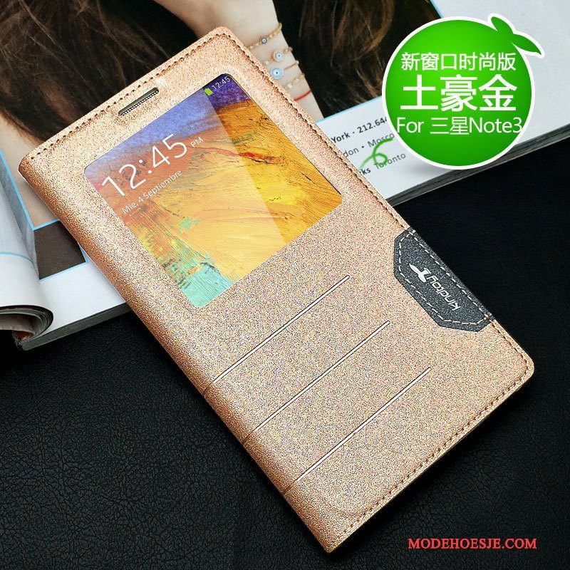 Hoesje Samsung Galaxy Note 3 Leer Telefoon Goud, Hoes Samsung Galaxy Note 3 Bescherming Nieuw
