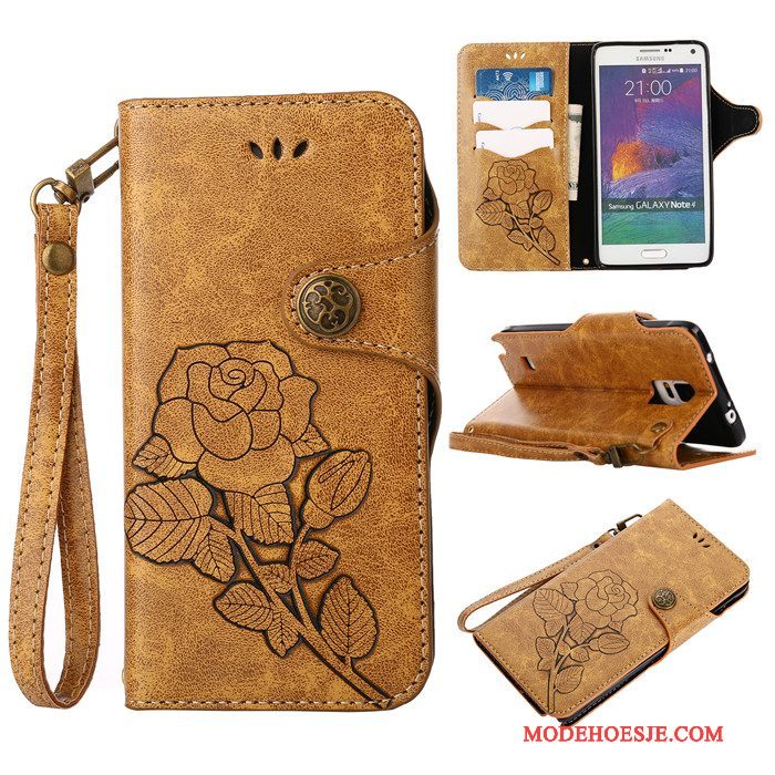 Hoesje Samsung Galaxy Note 4 Leer Telefoon Roze, Hoes Samsung Galaxy Note 4 Bescherming Anti-fall