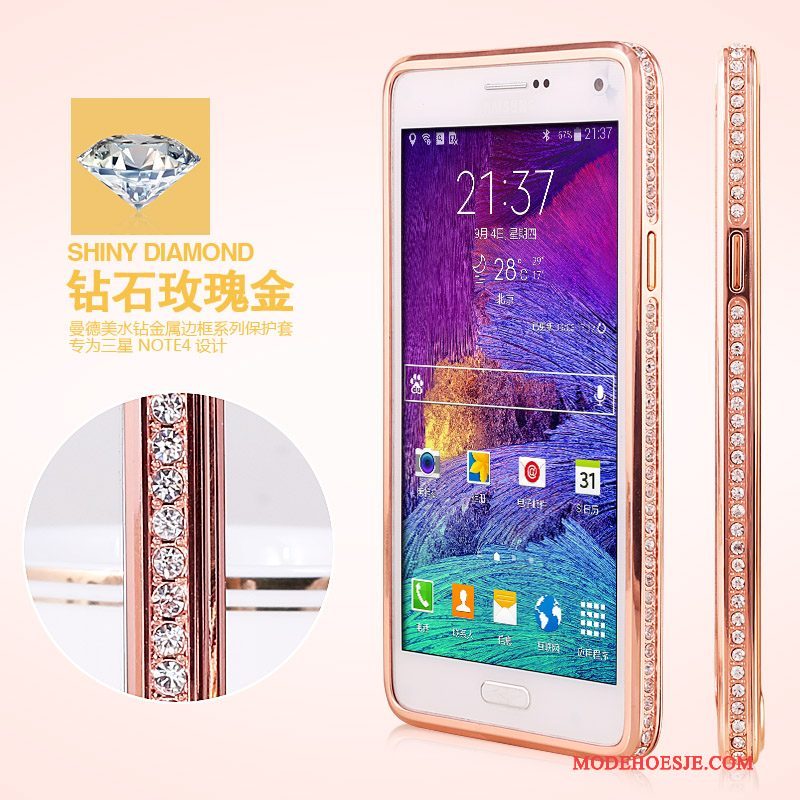 Hoesje Samsung Galaxy Note 4 Strass Anti-fall Goud, Hoes Samsung Galaxy Note 4 Bescherming Omlijsting