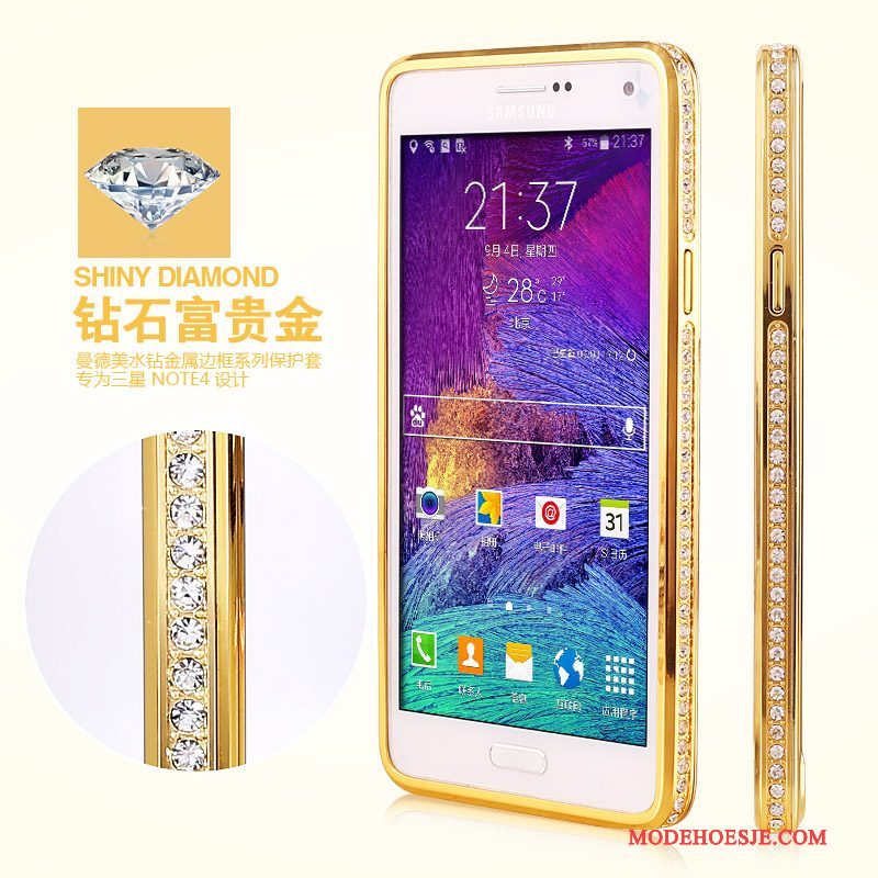 Hoesje Samsung Galaxy Note 4 Strass Anti-fall Goud, Hoes Samsung Galaxy Note 4 Bescherming Omlijsting