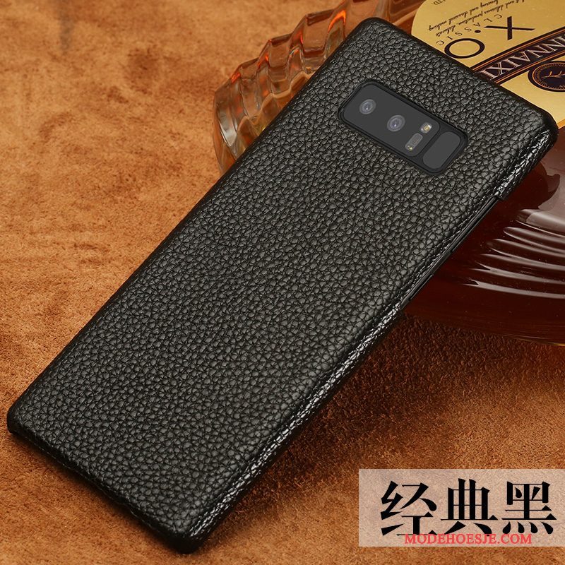 Hoesje Samsung Galaxy Note 8 Leer Telefoon Eenvoudige, Hoes Samsung Galaxy Note 8 Bescherming Effen Kleur Zwart