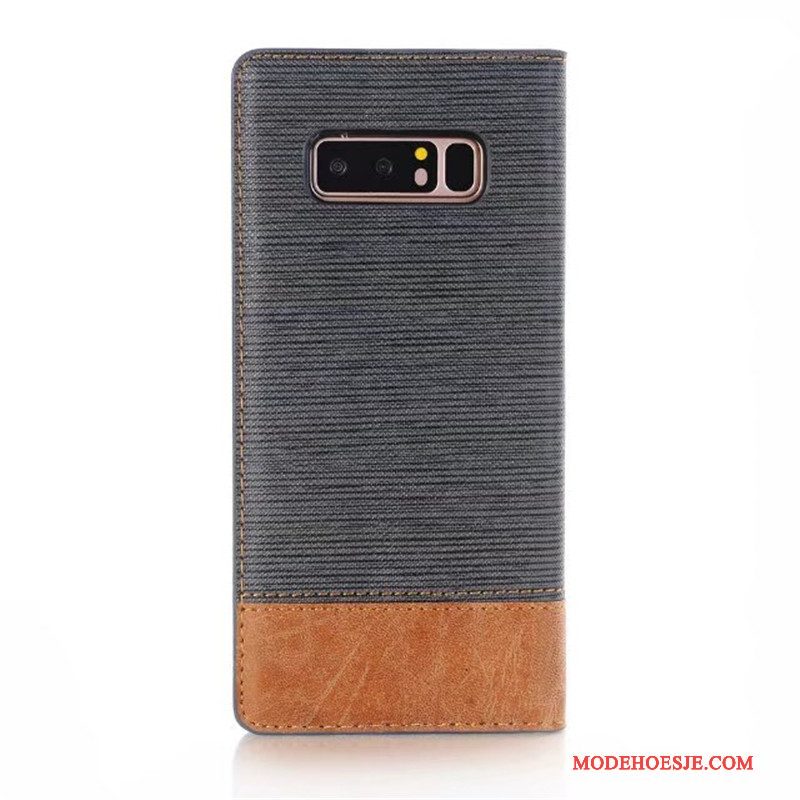 Hoesje Samsung Galaxy Note 8 Leer Twee Kleuren Automatisch, Hoes Samsung Galaxy Note 8 Bescherming Donkerblauw