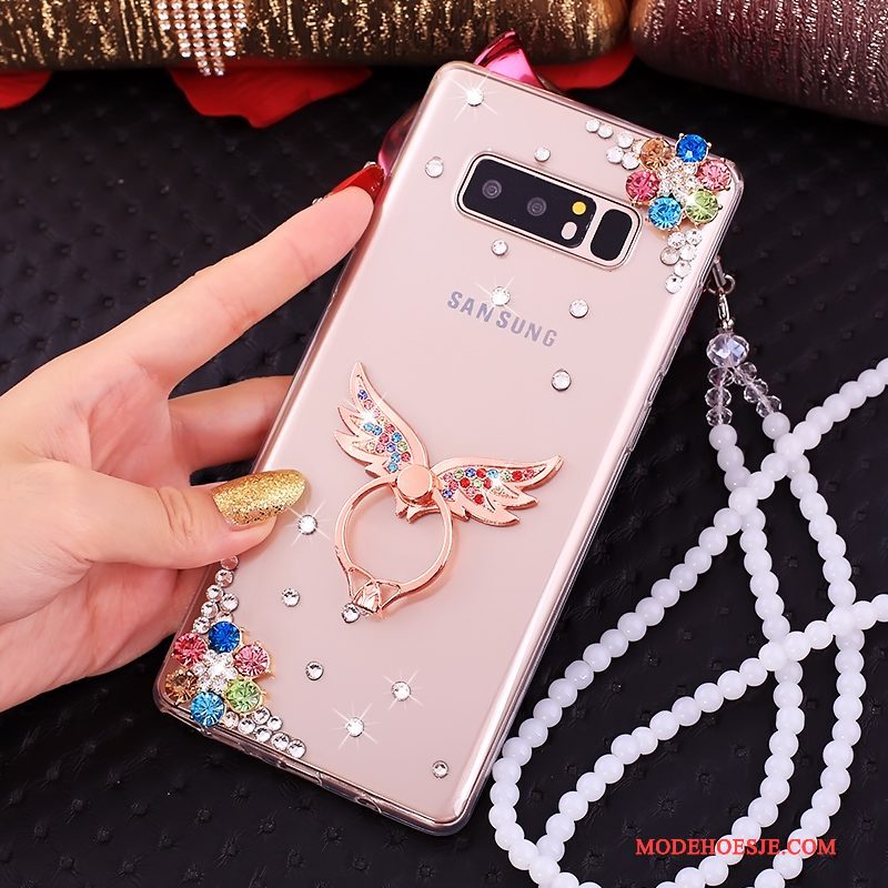 Hoesje Samsung Galaxy Note 8 Zakken Ringtelefoon, Hoes Samsung Galaxy Note 8 Strass Anti-fall Roze