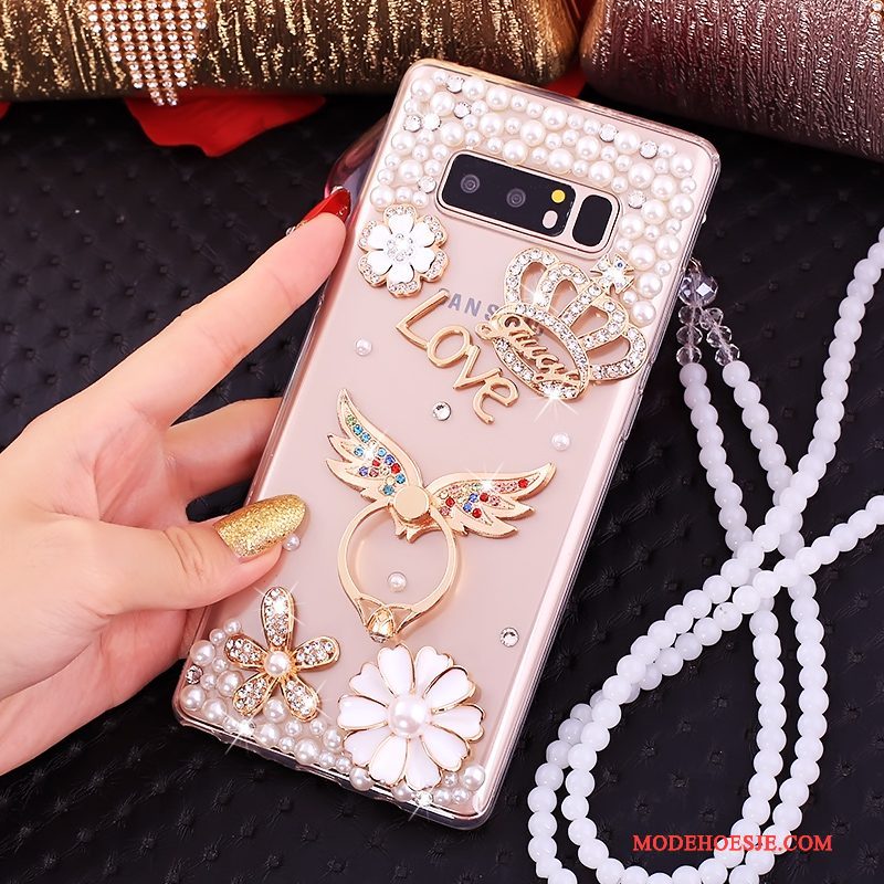 Hoesje Samsung Galaxy Note 8 Zakken Ringtelefoon, Hoes Samsung Galaxy Note 8 Strass Anti-fall Roze