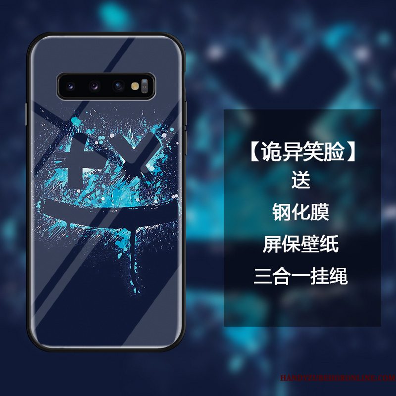 Hoesje Samsung Galaxy S10+ Kleur Persoonlijk Gehard Glas, Hoes Samsung Galaxy S10+ Zakken Blauw Anti-fall