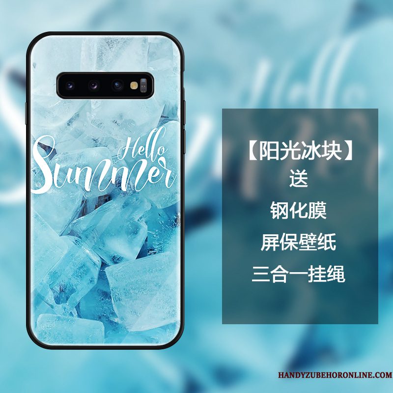 Hoesje Samsung Galaxy S10+ Kleur Persoonlijk Gehard Glas, Hoes Samsung Galaxy S10+ Zakken Blauw Anti-fall