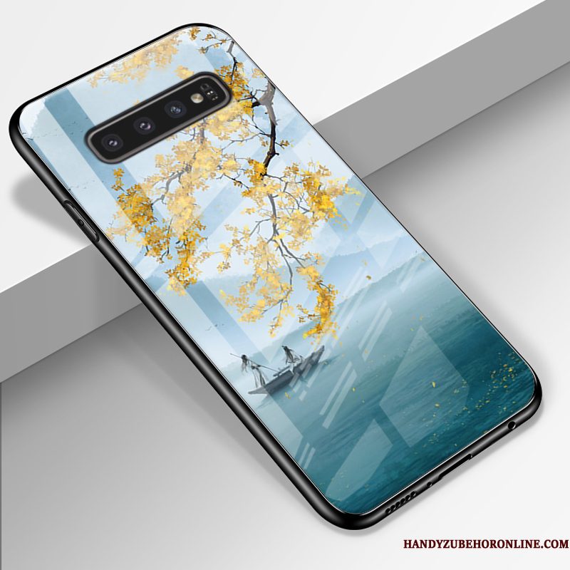 Hoesje Samsung Galaxy S10 Siliconen Anti-fall Trend, Hoes Samsung Galaxy S10 Zakken Glas Blauw