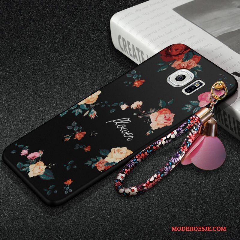 Hoesje Samsung Galaxy S6 Edge + Siliconen Telefoon Hanger, Hoes Samsung Galaxy S6 Edge + Bloemen Zwart Schrobben