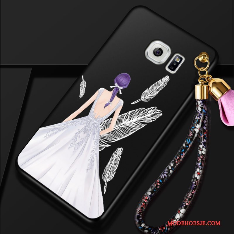 Hoesje Samsung Galaxy S6 Edge + Siliconen Telefoon Hanger, Hoes Samsung Galaxy S6 Edge + Bloemen Zwart Schrobben