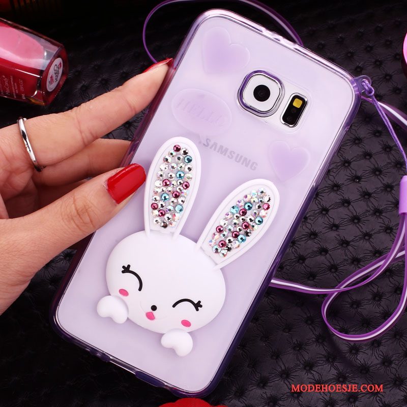 Hoesje Samsung Galaxy S6 Edge Strass Wit Doorzichtig, Hoes Samsung Galaxy S6 Edge Bescherming Konijn Pompom