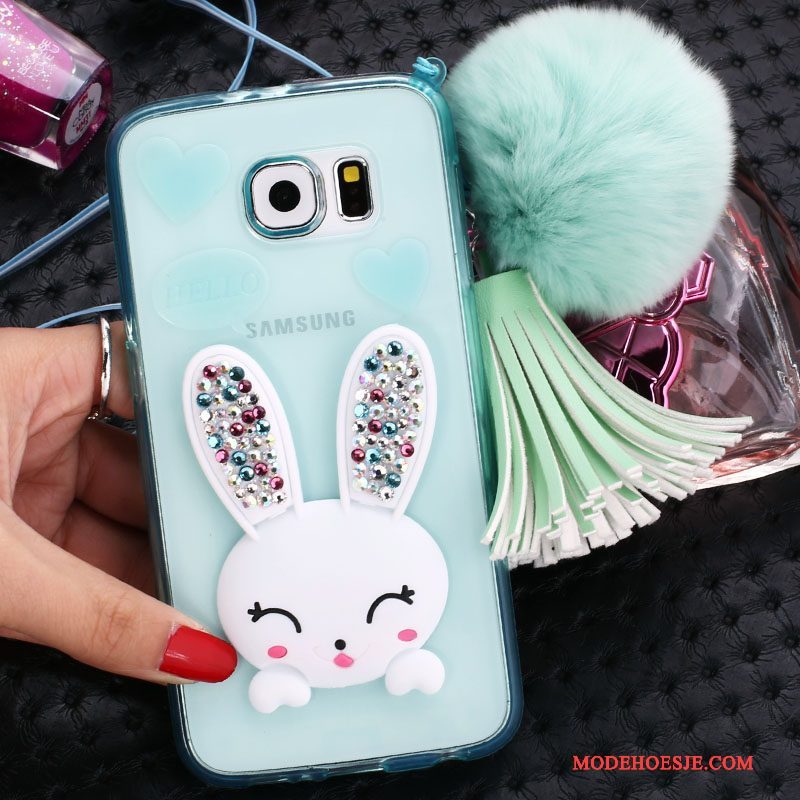 Hoesje Samsung Galaxy S6 Edge Strass Wit Doorzichtig, Hoes Samsung Galaxy S6 Edge Bescherming Konijn Pompom